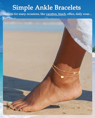 Gold Silver Ankle Bracelets for Women Waterproof 14K Gold Plated Anklets for Women Non Tarnish Dainty Layered Beaded Heart Anklet Set Summer Beach Foot Chain Jewelry Gifts Trendy Stuff - color: E- Heart Anklets- Gold