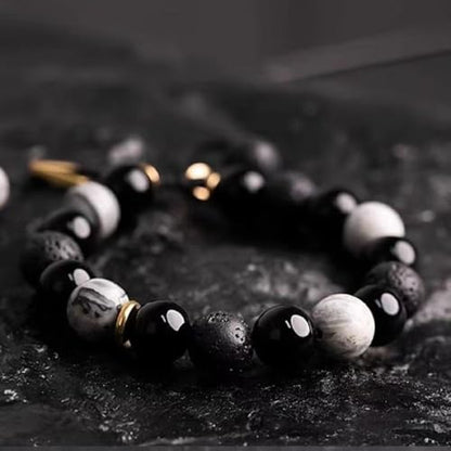 Natural Energy Stone Adjustable Bracelet Lucky Gift for Boyfriend Dad | Mixed agate/lava/picture stone, adjustable braided cord, energy protection as men’s holiday gift