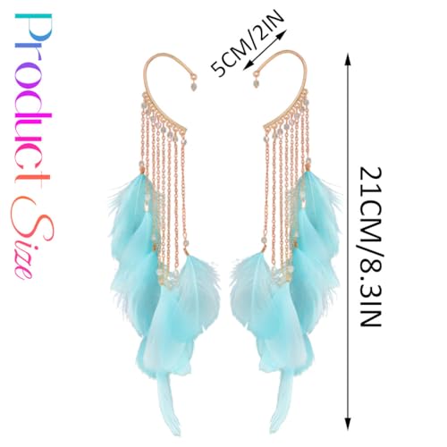 Catery Feather Earrings Long Tassel Boho Earrings Dangling Fringe Prom Jewelry for Women - color: Lake Blue