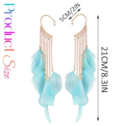 Catery Feather Earrings Long Tassel Boho Earrings Dangling Fringe Prom Jewelry for Women - color: Lake Blue