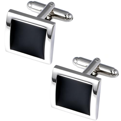 Silver Black Tone Square Men's Cufflinks for French Shirt in Gift Box | Classic Tuxedo Mens Women Cuff Links Set Jewelry for Wedding Party Formal Casual Business Office Dress, Easy to Put on