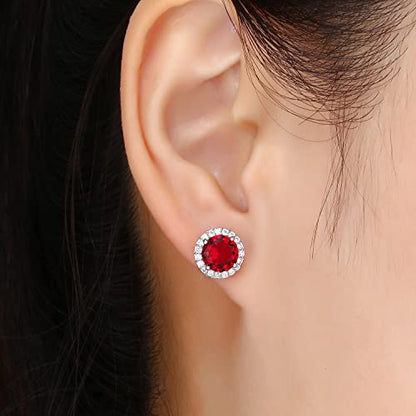 YOMELA Round Cubic Zirconia Stud Earrings for Women | Everyday Dainty, Diamond-Like Brilliance, CZ Halo Birthstone Studs, Hypoallergenic & Lightweight, Elegant & Versatile - color: Red