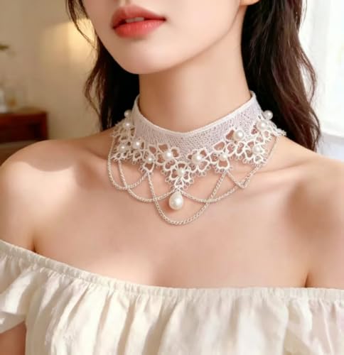 Lace Choker Necklace for Women Gothic Pearl Pendant Necklace Halloween Cosplay Jewelry - color: White