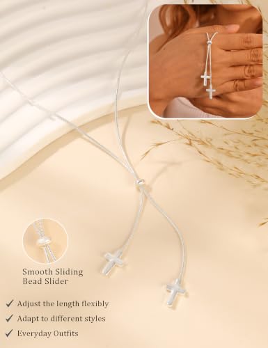 Lariat Gold Silver Necklace for Women Long Dainty Y Necklace 14k Gold Plated Drop Chunky Necklace Trendy Clover Heart Cross Teardrop Cz Pendant Statement Simple Adjustable Jewelry Gift - color: Silver- Cross