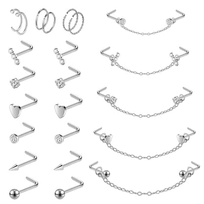 20G Nose Rings Studs with Chain Piercing Across Double Nose Stud Nose Hoop Spike Heart Ball CZ Surgical Steel Nostril Piercing Jewelry for Women Men, Black Silver Gold - color: SR-L
