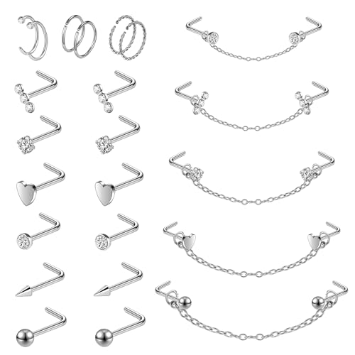20G Nose Rings Studs with Chain Piercing Across Double Nose Stud Nose Hoop Spike Heart Ball CZ Surgical Steel Nostril Piercing Jewelry for Women Men, Black Silver Gold - color: SR-L
