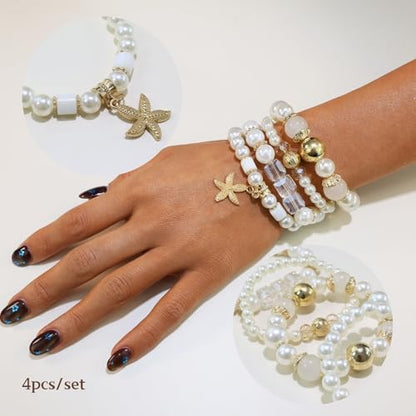 Bohemian Pearl Bracelet Set, 4 Piece Elastic Stretch Beaded Wrist Chain with Starfish Pendant, Boho Faux Pearl Multi-Color Stackable Bracelets for Women - color: Clear