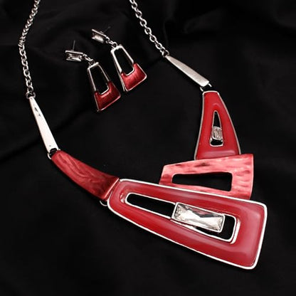 SFE Irregular Enamel Triangle Shape shell Collar Bib Bohemian Boho Statement Necklace Earrings Fashion Costume Jewelry Set for Women - color: Siam-Platinum Plated