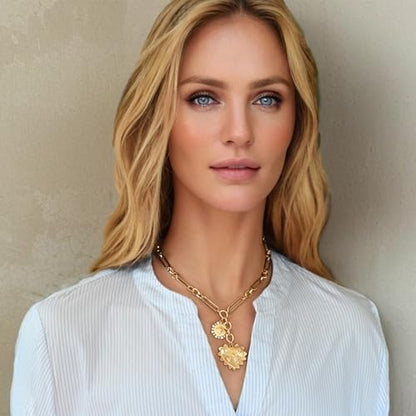 ORIGENCE Sun Heart Necklace for Women 18K Gold Plated Heart Pendant Necklace Chunky Chain Choker Necklaces Hip Hop Charm Necklaces Trendy Unisex Jewelry - style: 2Charm-Gold