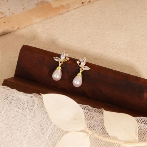 Pearl Earrings for Women:Gold Wedding Dangle Drop Earring Pearl Jewelry | 14K Gold Plated Pearl Drop Earrings for Women,Dainty Wedding Bride Earring Studs,Gold Dangle Drop Earring,Waterproof Jewelry - size: 1 pcs-16