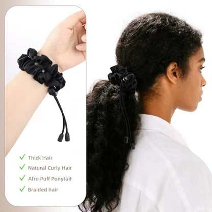 2 Pcs Adjustable Black Hair Ties, Elastic Satin Headband Satin Hair Scrunchies for Women Girls Thick Curly Hair, Afro Puff Ponytail, Natural& Curly Hairstyle