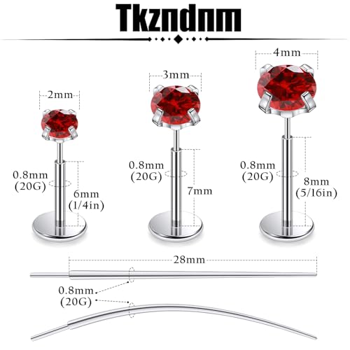 F136 Titanium 20/18/16G Earrings Nose Lip Rings Medusa Tragus Cartilage Helix Labret Flat Back Threadless Implant Grade Stud Piercing Jewelry for Women - color: Red CZ, size: 20g*6/7/8mm*2/3/4mm