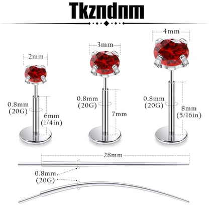 F136 Titanium 20/18/16G Earrings Nose Lip Rings Medusa Tragus Cartilage Helix Labret Flat Back Threadless Implant Grade Stud Piercing Jewelry for Women - color: Red CZ, size: 20g*6/7/8mm*2/3/4mm