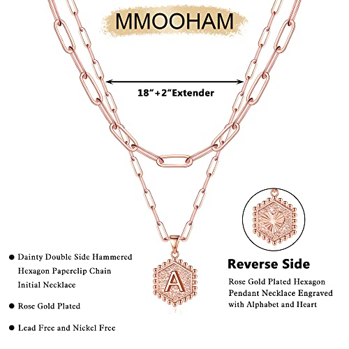 M MOOHAM Dainty Initial Necklaces for Women, 14K-Gold-Plated Layering Necklace for Women Cute Hexagon Letter Initial Necklace Layered Necklaces for Womens Teen Girl Gifts - color: Rose Gold Plated, style: C