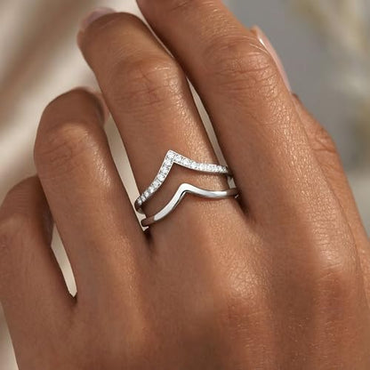 Gelbesty Silver Plated Chevron Ring for Women, Stackable V Shaped Curved Wedding Band 2Pcs Set, Pave CZ Wishbone Ring Enhancer Fits Pear & Solitaire Engagement Rings Jewelry Gift Size 6 7 8 9 10 11 - size: 9