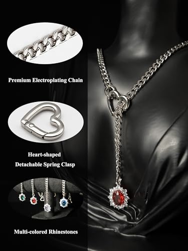 Women's Heart O-Ring Slip Chain Necklace, Double Layered Adjustable 39'' Cuban Chain with Detachable Heart Clasp and Colorful Rhinestone Pendant - color: 25'' Silver-Royal Red