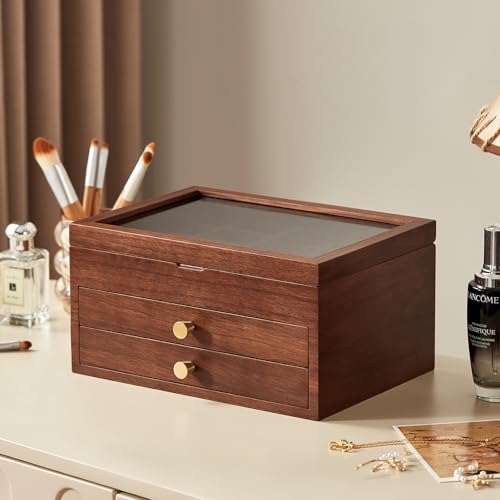 Black Walnut Wooden Jewelry Box Women with One-way Vision Mirror | Large Wood Jewelry Drawer Organizer, Glass Lid, With Mirror, For Necklaces Watch Ring Earring, Gift for Her, Velvet-Lined - style: 3 Layer A