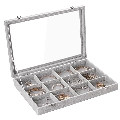 Frebeauty 12 Grid Bracelet Holder Box,Velvet Jewelry Tray with Clear Lid | Real Glass Lid,Bracelet Display,Jewelry Organizer for Bangle Brooch,Adjustable Divider,Dustproof Design,13.8×9.5Inches - color: Grey, size: 12 Grid