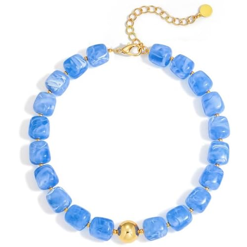 Multicolor Beaded Necklace,Chunky Cube Beaded Statement Necklace, Boho Resin Choker Necklace for Women,Lightweight & Cool, Suitable for Beach, Vacation, Daily Wear & Summer Parties - color: Lake Blue