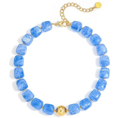 Multicolor Beaded Necklace,Chunky Cube Beaded Statement Necklace, Boho Resin Choker Necklace for Women,Lightweight & Cool, Suitable for Beach, Vacation, Daily Wear & Summer Parties - color: Lake Blue