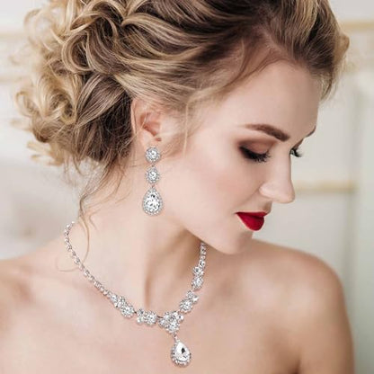Jstyle Silver Wedding Jewelry Sets for Brides, Necklace and Earring Set | Non Tarnish Bridal Jewelry Set, Teardrop Pendants Necklace Bracelet Crystal Clip On Earrings Bridesmaid Wedding Prom Jewelry - color: Silver Tone