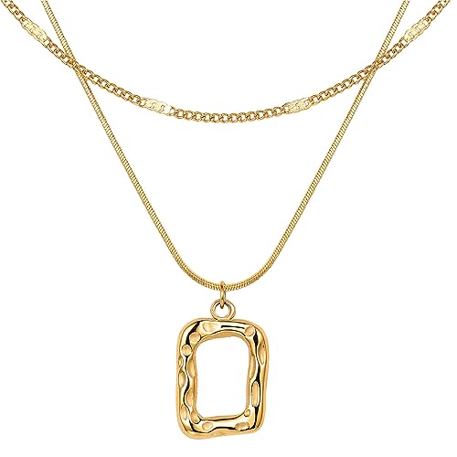 Evabelle Gold Layered Necklace for Women Trendy Jewelry 14K Real Gold Plated Chunky Chain Stackable Necklaces Dainty Choker Necklaces Rectangle Square Pendant - color: Gold Necklace 01