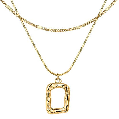 Evabelle Gold Layered Necklace for Women Trendy Jewelry 14K Real Gold Plated Chunky Chain Stackable Necklaces Dainty Choker Necklaces Rectangle Square Pendant - color: Gold Necklace 01