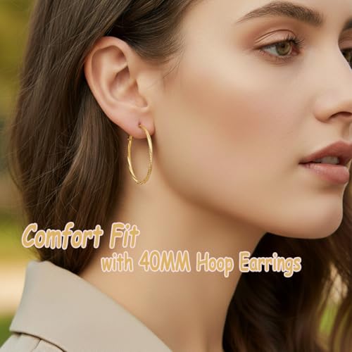 14K Gold/Silver Plated Twisted Hoop Earrings for Women - Sparkly Diamond-Cut Large Hoops with 925 Sterling Silver Post, Lightweight Hypoallergenic Trendy Jewelry Gifts (30mm / 40mm) - size: Gold 40mm
