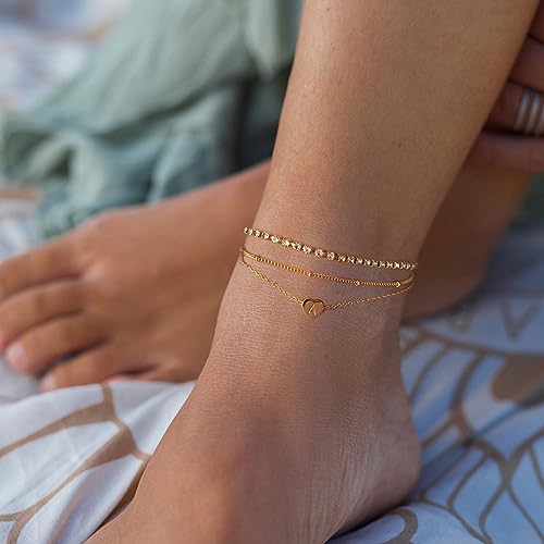 Yanoda Initial Ankle Bracelets for Women, 14K Gold Plated Waterproof Dainty Layered Heart Letter Initial Anklets Personalized Gifts - color: J