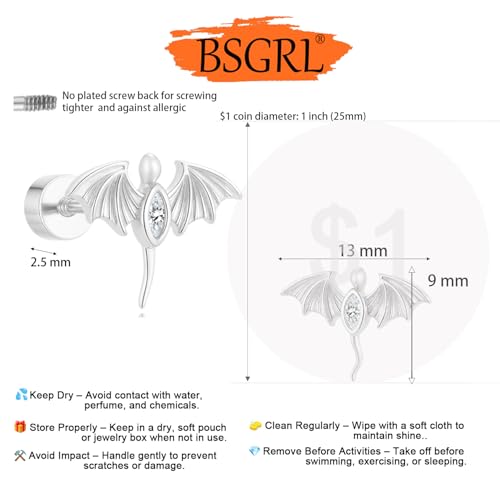 Flat Back Earrings for Women Cartilage Helix | Comfortable Dainty Cute Dragon Bee Bird Phoenix Dragonfly Cute Animal Leaf Spiral Rhombus Design Flatback Stud Earrings - color: silver dragon