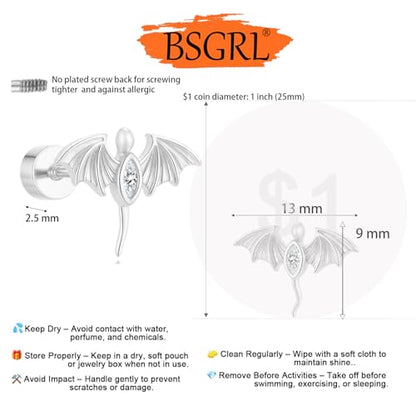 Flat Back Earrings for Women Cartilage Helix | Comfortable Dainty Cute Dragon Bee Bird Phoenix Dragonfly Cute Animal Leaf Spiral Rhombus Design Flatback Stud Earrings - color: silver dragon
