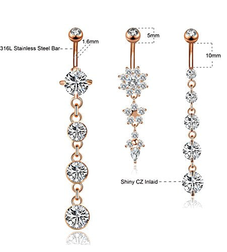 3-6PCS 14G 316L Stainless Steel Belly Button Rings for Women Navel Rings Barbell Dangle Flower CZ Body Piercing - color: B: 3 Pcs Rose-tone