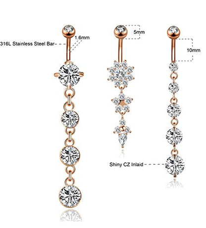 3-6PCS 14G 316L Stainless Steel Belly Button Rings for Women Navel Rings Barbell Dangle Flower CZ Body Piercing - color: B: 3 Pcs Rose-tone