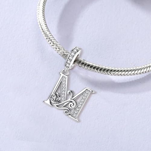LNQOBU Complete A~Z Alphabet Charm Letter Beads, Solid 925 Sterling Silver with Cubic Stones Rose Alphabet Charm fits Pandora Bracelets Necklace Women Jewelry - color: CYT-M