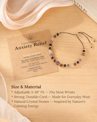 HGDEER Calm in Every Bead, Amethyst Crystal Bracelet Stress Relief Gift | Black Tourmaline Amethyst Tiger Eye & Clear Quartz on Sturdy Cord, Slider Adjusts 5-10 in, Crystal Blessing Card & Pouch
