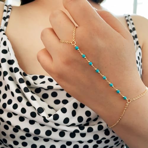 Dainty Gold Hand Chain Bracelet,18K Real Gold Plated Minimalist Handmade Beaded Finger Chain Bracelets for Women - color: Turquoise