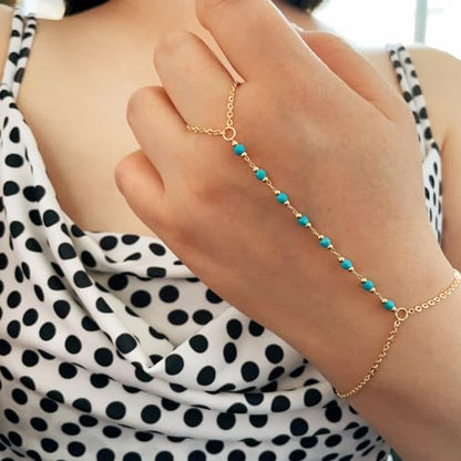 Dainty Gold Hand Chain Bracelet,18K Real Gold Plated Minimalist Handmade Beaded Finger Chain Bracelets for Women - color: Turquoise
