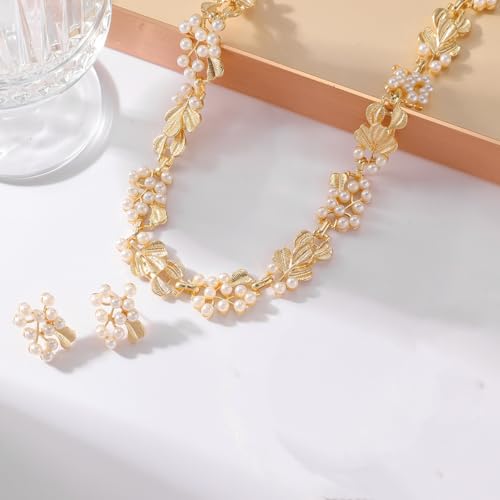 Fashion Bride Silver Gold Plated Black 1920s Leaf Faux Pearls Necklace Earrings Set Wedding Jewelry Set Sparkly Choker Necklace Stud Earrings Set for Women Christmas Gift Set for Women Necklace and Earrings - color: Gold Plated