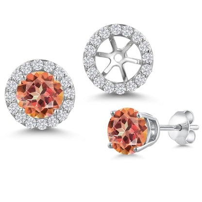 Gem Stone King 14K White Gold 6MM Round Gemstone Birthstone Stud Earrings with Removable Jackets and Lab Grown Diamond Accents | Gold Earrings For Women | Fine Jewelry Gift for Her Mom Women Wife - color: Ecstasy Mystic Topaz