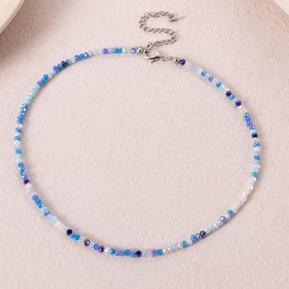 Dainty Colorful Crystal Beaded Chain Adjustable Lightweight Choker Necklace Handmade Bohemian Shiny 3mm Rice Stone Beads Necklace Boho Summer Beach Jewelry for Women - color: blue