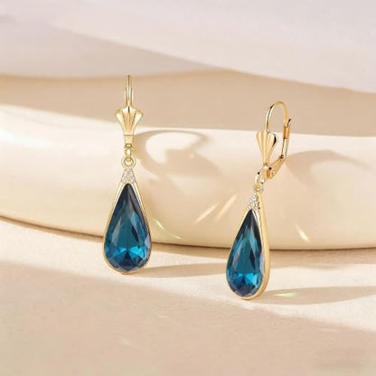 Teardrop Austrian Crystal Leverback Dangle Drop Earrings for Women | 14K Gold Plated,Classic Teardrop Elegance,Leverback for Easy Secure Wear,Gift Box Included, Brighten Up Daily and Party Looks - color: Dark Blue