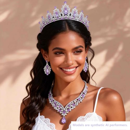 Kamirola Bridal Wedding Tiara Crown Jewelry Set for Women/Brides/Bridesmaids Crystal Jewelry Set for Wedding Prom Party Bridal Crystal Necklace Earrings Bracelet Set(TR60) - color: Silver Purple