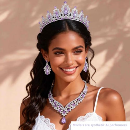 Kamirola Bridal Wedding Tiara Crown Jewelry Set for Women/Brides/Bridesmaids Crystal Jewelry Set for Wedding Prom Party Bridal Crystal Necklace Earrings Bracelet Set(TR60) - color: Silver Purple