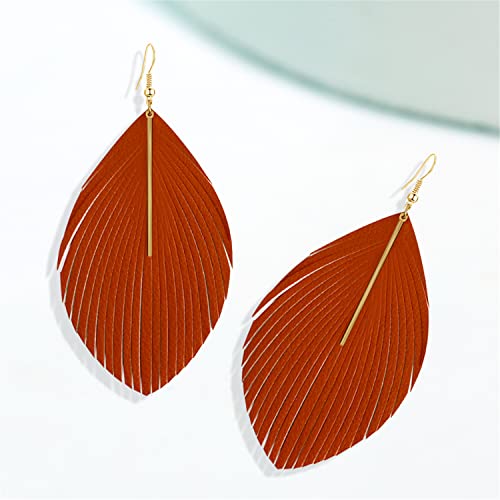Bohemian Handmade Lightweight Color Large Genuine Soft Leather Fringe Feather Leaf Tear Dangle Drop Earrings for Women Statement - color: Orange