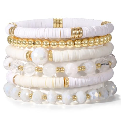 Boho Beaded Stretch Bracelets For Women Stackable Crystal Gold Plated Beaded Bracelets Set Trendy Handmade Friendship Braeclet Jewelry Gifts - color: F-XWhite 6pcs