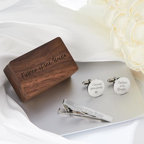 Colingmill Father of the Bride Gift Dad of the Bridegroom Cufflinks Tie Clip Set with Engraved Wood Gift Box for Dad - style: Father of the Bride, First