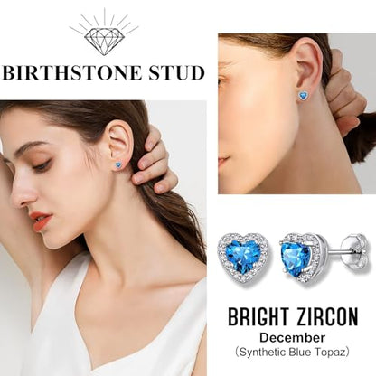 Bestyle Sparkling 925 Sterling Silver Birthstone Stud Earrings for Women, Heart/Round/Teardrop/Square Solitaire Diamond Studs Earrings, Great Birthday/Christmas Gifts - style: 12. Blue Topaz-Dec.-heart