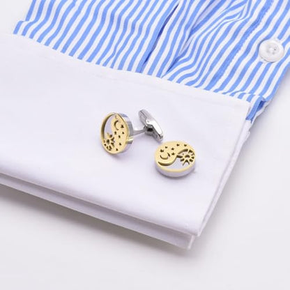 Gold Cufflinks Men, Cufflink Silver Stainless Steel Sun Moon Star Shirt Tuxedo Suit Cuff Links Women's Jewelry for Formal Event Wedding