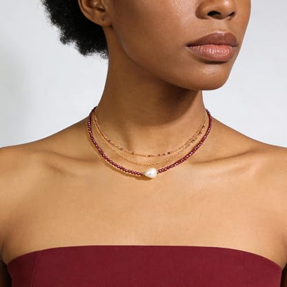 Single Pearl Choker Pendant Necklaces for Women, Natural Gemstone Womens Black Stone Beaded Choker Necklace, Dainty Round Freshwater Pearl Handmade Jewelry Gift Women Birthday Bridesmaids Anniversary 16 18 inch - color: 05-Red Garnet, size: 18"