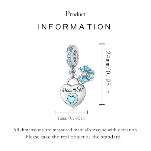 925 Sterling Silver Birthstone Bracelet Charm - Unique Heart Shaped Design, Fits most Europe Pandora Bracelets and Necklaces, women's DIY holiday Gifts - style: L-December